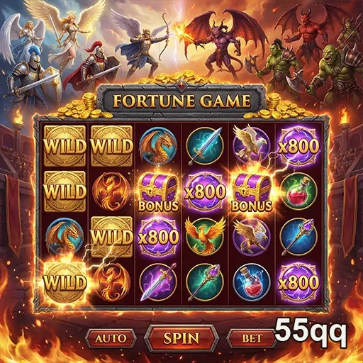 Jogo de slot Fortune da 55qq, destacando rodadas e símbolos vibrantes da sorte.