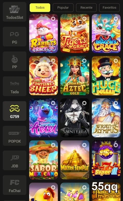 Seleção de jogos de slots no 55qq, apresentando diversas opções de entretenimento.